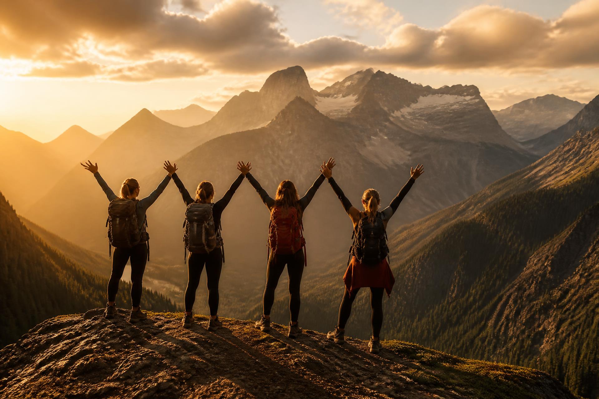Women gathered at a mountain retreat lodge at twilight