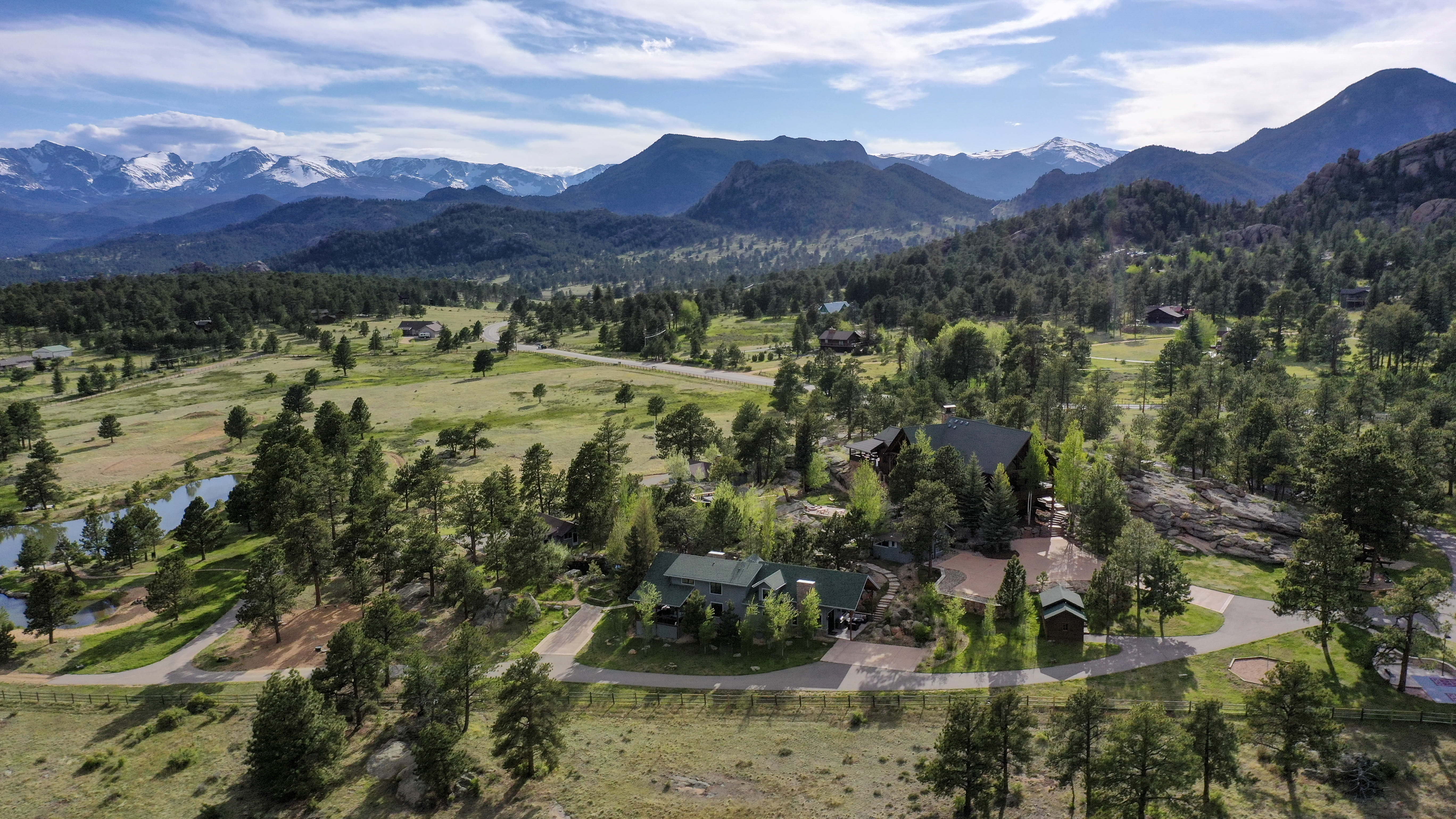 Aerial view of Aspen Falls, the Colorado retreat estate in Estes Park